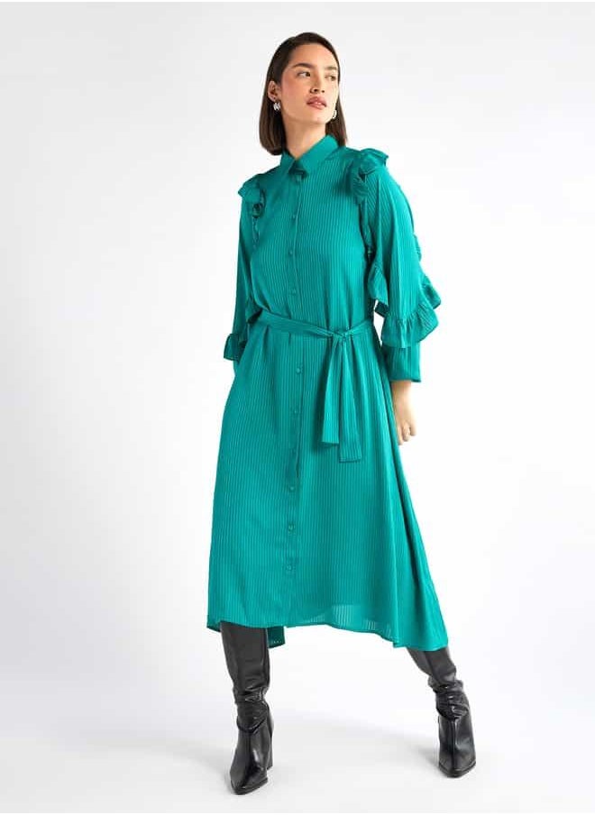 Striped Asymmetric Midi Dress with Ruffle Sleeves