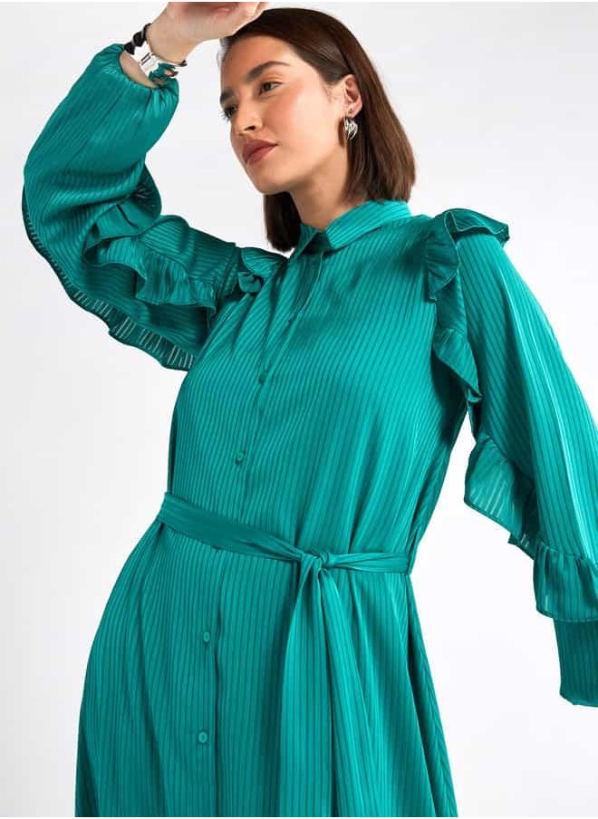 Striped Asymmetric Midi Dress with Ruffle Sleeves
