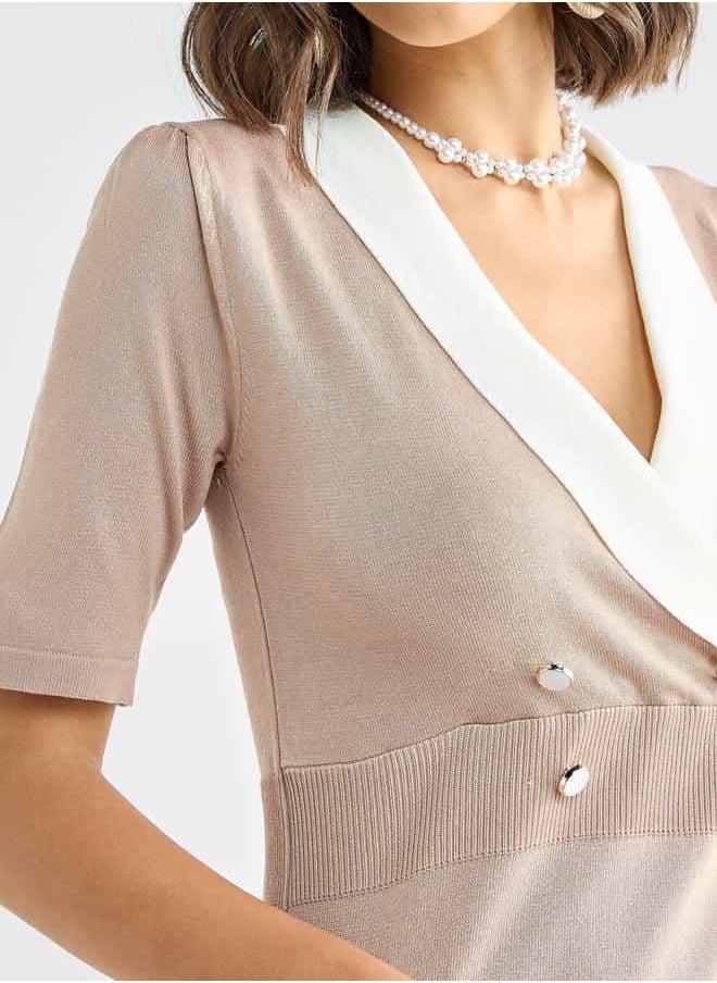 Shawl Neck Dress with Short Sleeves and Button Accent