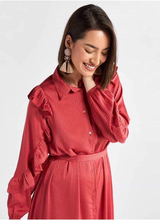 Striped Asymmetric Midi Dress with Ruffle Sleeves