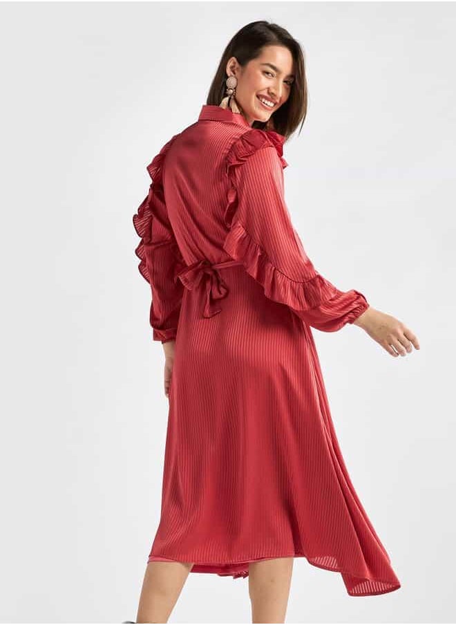 Striped Asymmetric Midi Dress with Ruffle Sleeves