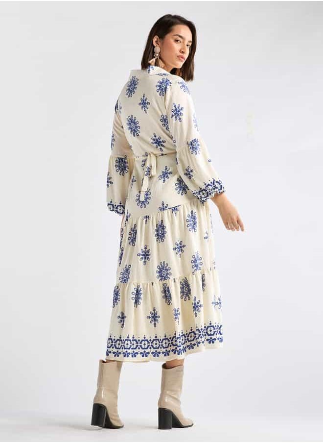 Printed Midi Shirt Dress with Long Sleeves and Tie-Up Belt