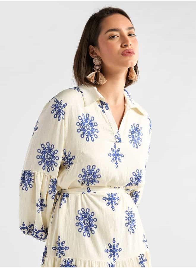 Printed Midi Shirt Dress with Long Sleeves and Tie-Up Belt