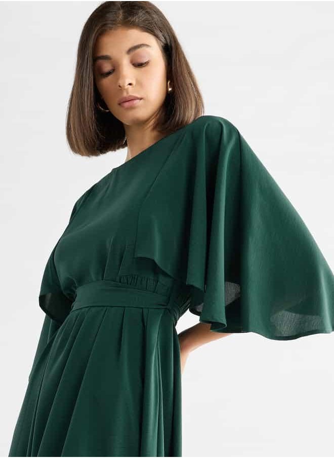 Solid Midi Dress with Flutter Sleeves and Tie-Up Belt
