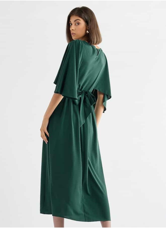 Solid Midi Dress with Flutter Sleeves and Tie-Up Belt