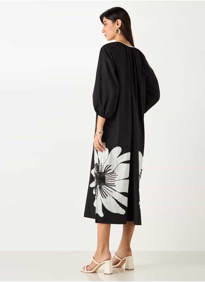 Iconic Floral Embroidered Trapeze Dress with Tie-Up Neck