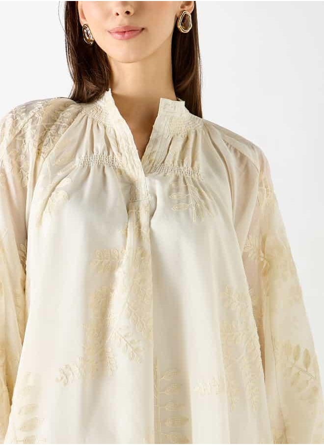 Iconic Leaf Embroidered A-line Midi Dress with Mandarin Neck