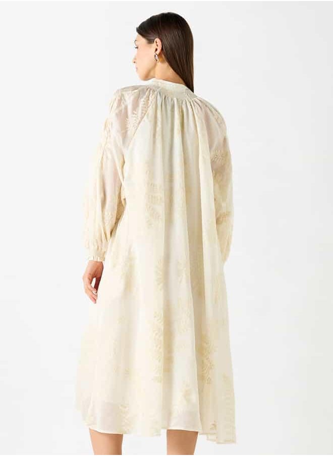 Iconic Leaf Embroidered A-line Midi Dress with Mandarin Neck