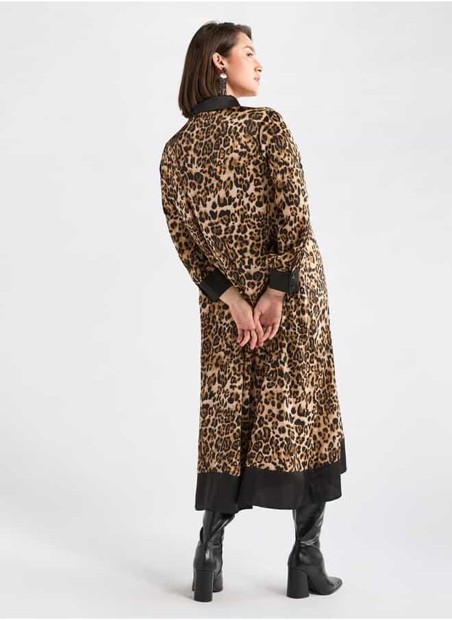 Animal Print Midi Shirt Dress with Long Sleeves