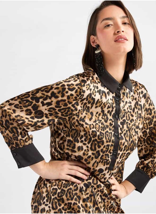 Animal Print Midi Shirt Dress with Long Sleeves