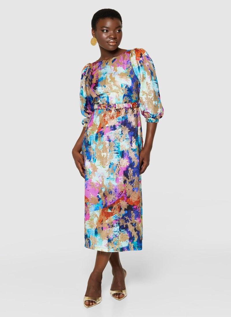 Gold A-Line Belted Dress