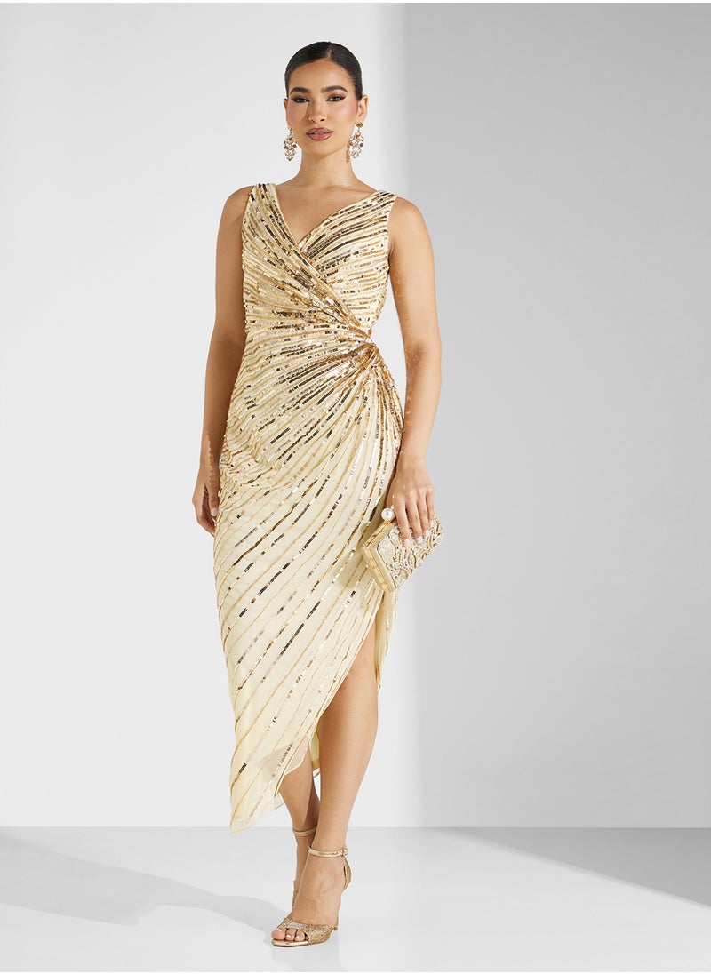 Asymmetric V-Neck Sequin Dress