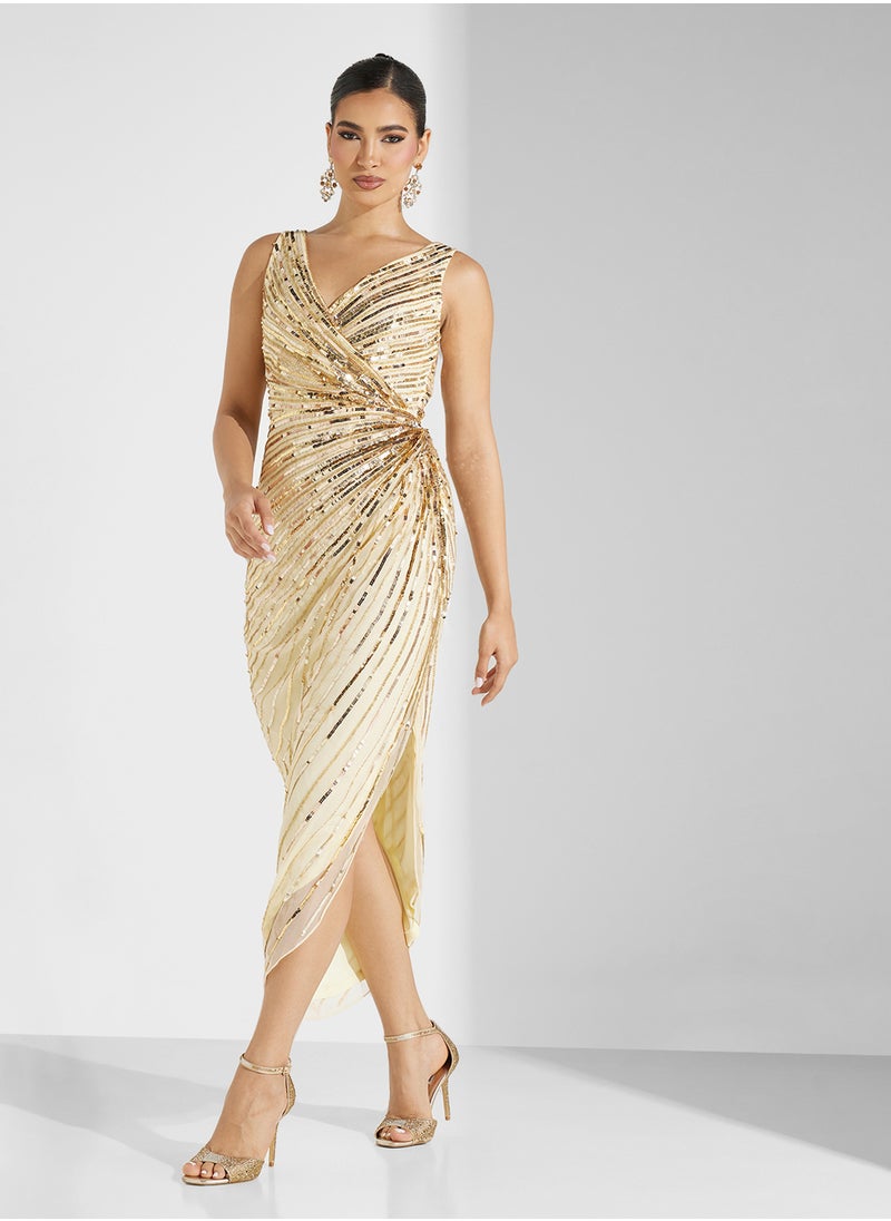 Asymmetric V-Neck Sequin Dress