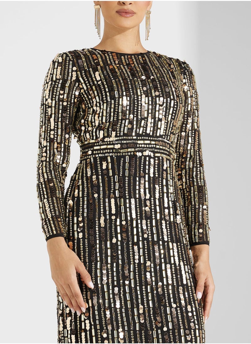 Crew Neck Sequiin Midi Dress