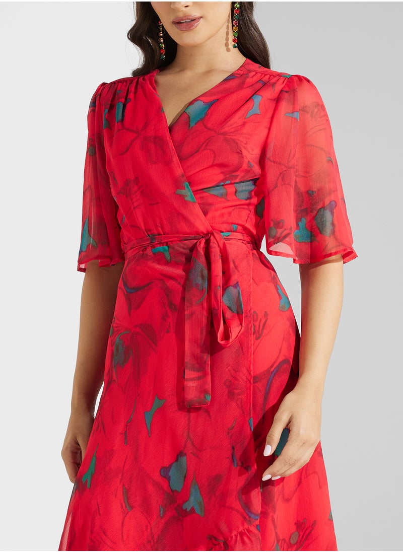 Floral Chiffon Wrap Dress