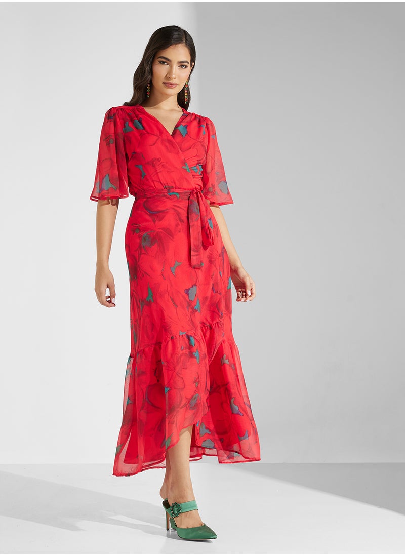 Floral Chiffon Wrap Dress