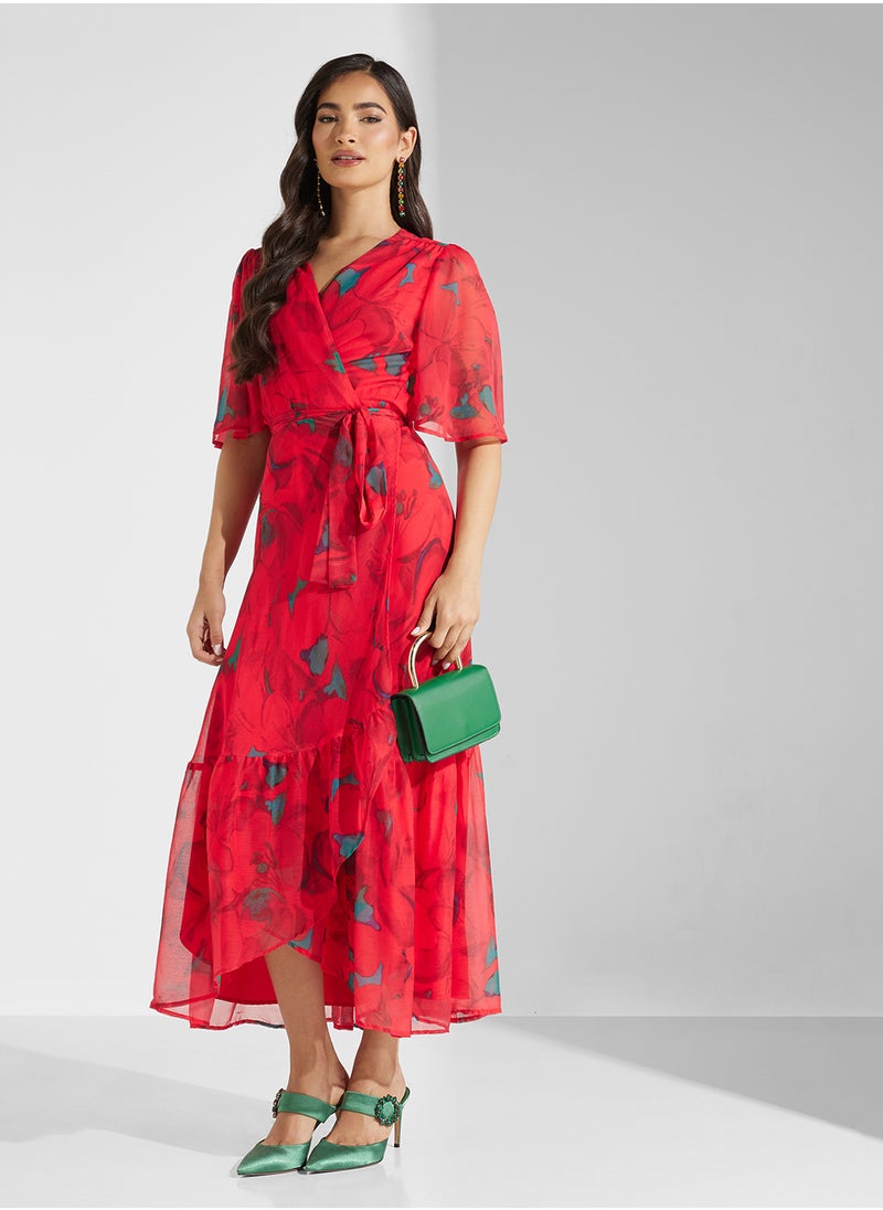 Floral Chiffon Wrap Dress