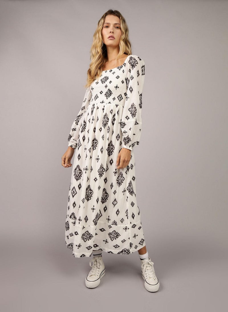 Printed Puff Sleeve Smocked Midi Dress