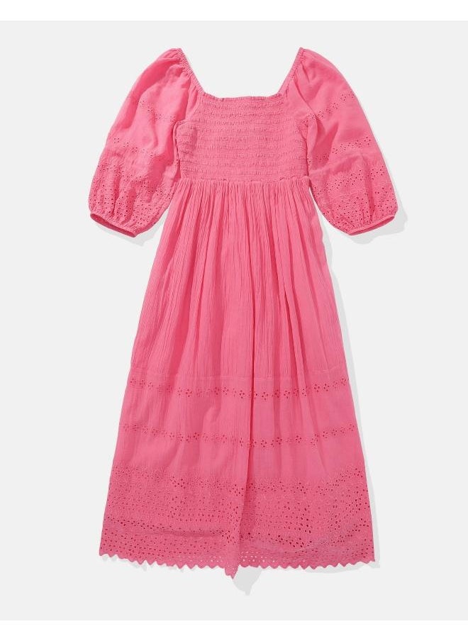 Printed Puff Sleeve Smocked Midi Dress