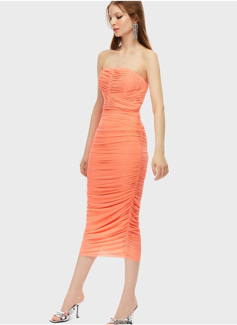 Ruched Strapless Midi Dress