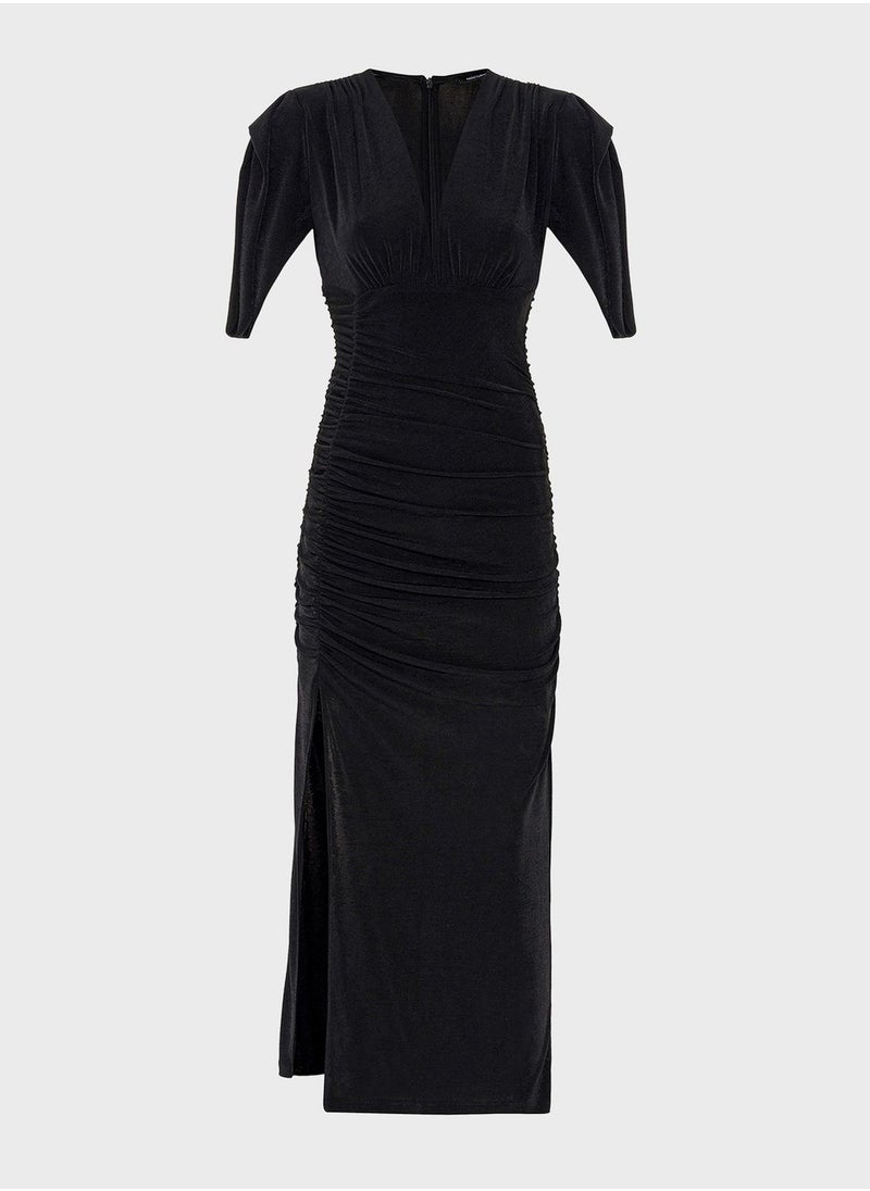 Ruched Velvet Midi Dress