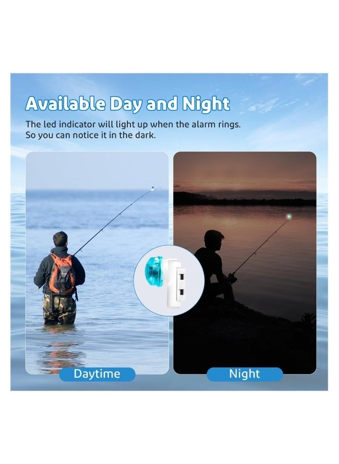 2PCS Fishing Bite Alarm Indicator, Sensitive Electronic Sound Alert Bell with Led Light, Clip On Fishing Pole Tip Alarm Light for Daytime Night Fishing