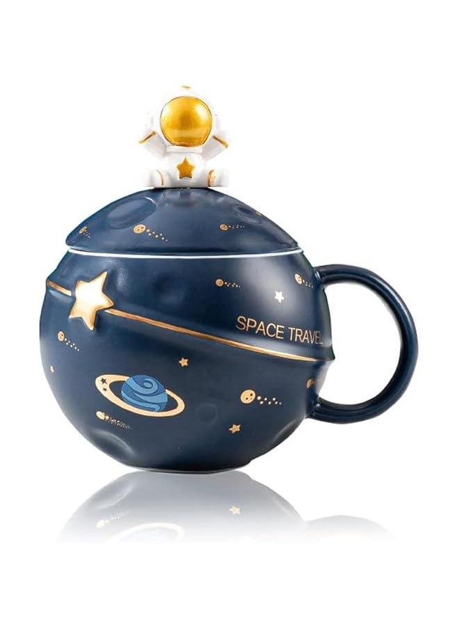 Astronaut Cup Space Embossed Planet Mug, Cute Ceramic Coffee Mug, Novelty Mug with Lid and Spoon for Coffee, Tea, Milk, Aesthetic Room Decor Funny Gift Birthday for Girl Boy Women (Dark blue)