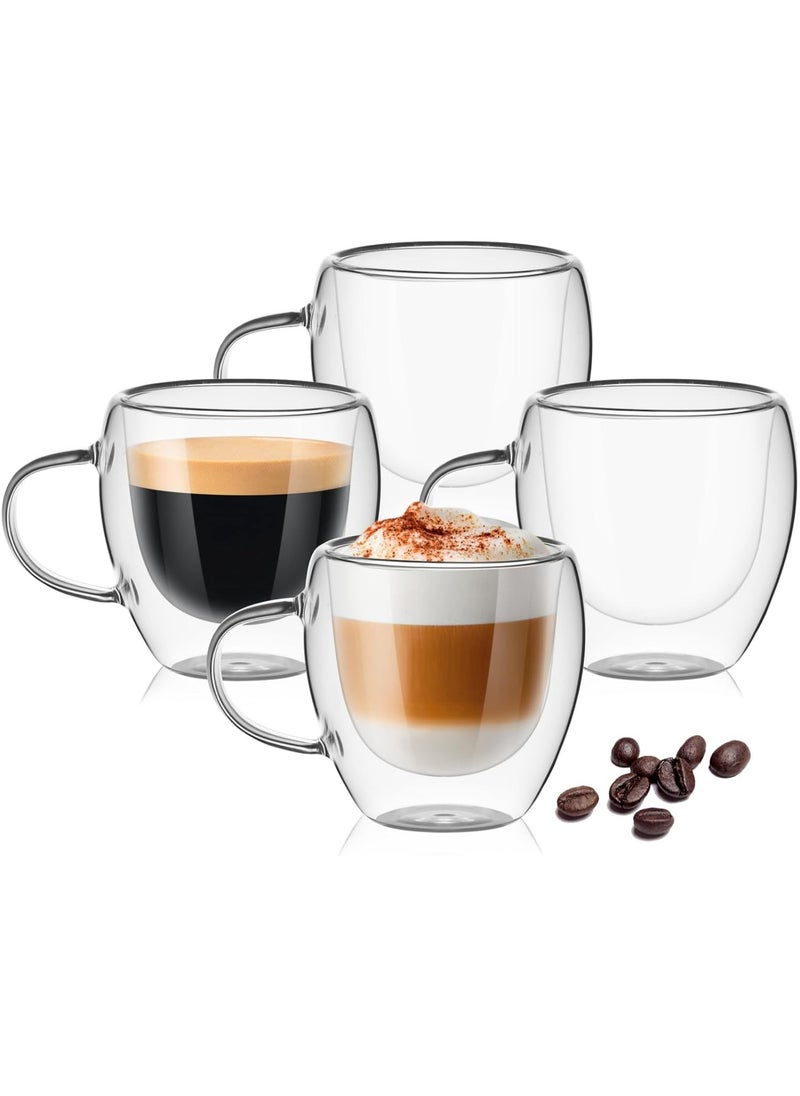 4 Pack Espresso Cups, 80ml Espresso Coffee Cup with Handles, Double Walled Coffee Mug, Insulated Glass Coffee Cups