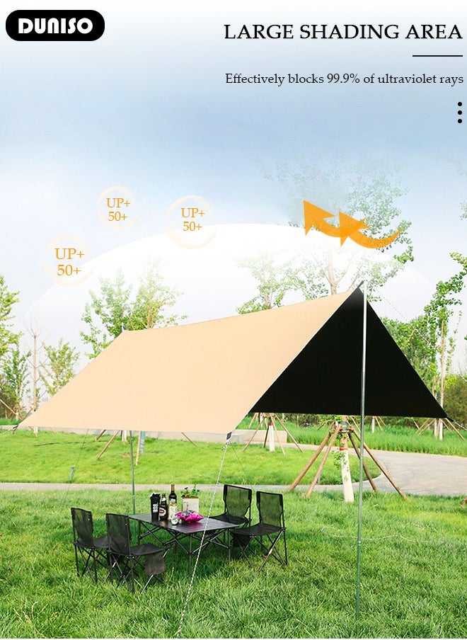 Camping Tarp with Pole, Portable Tarpaulin Anti-UV Shelter Sunblock Sun Shade Awning, Large Hammock Tent Tarp with Ground Nails and Windproof Ropes for Camping Hiking Traveling Outdoor Sports
