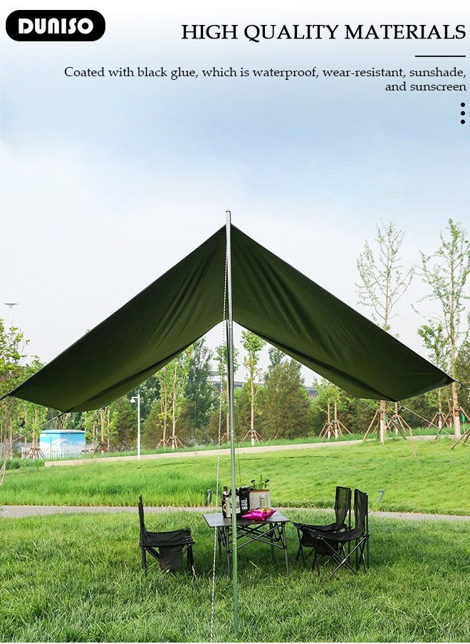 Camping Tarp with Pole, Portable Tarpaulin Anti-UV Shelter Sunblock Sun Shade Awning, Large Hammock Tent Tarp with Ground Nails and Windproof Ropes for Camping Hiking Traveling Outdoor Sports