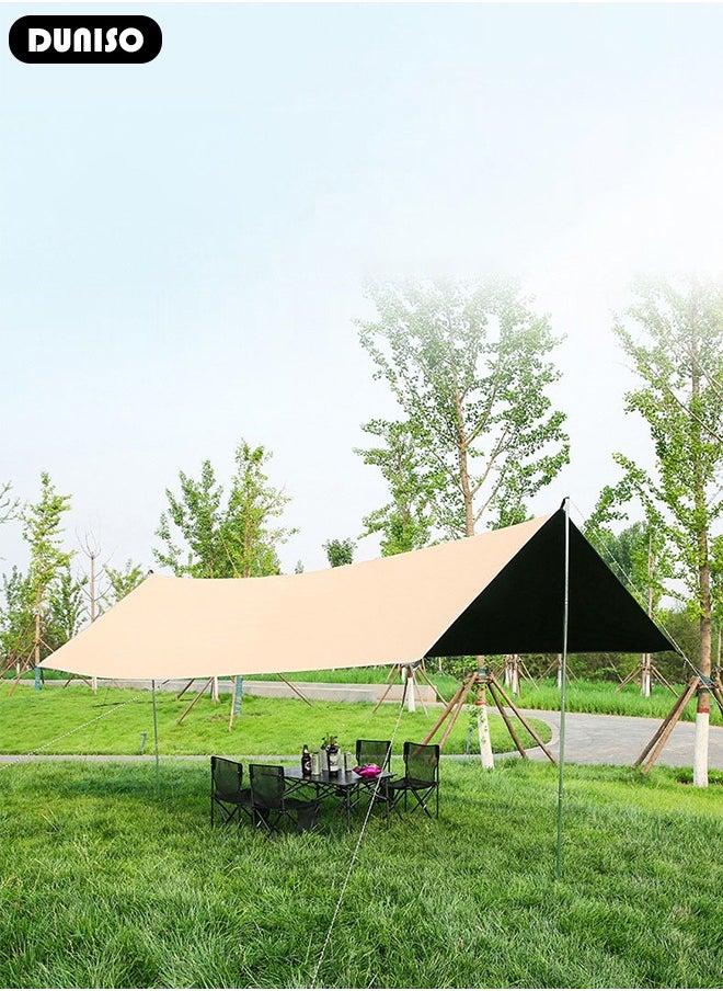 Camping Tarp with Pole, Portable Tarpaulin Anti-UV Shelter Sunblock Sun Shade Awning, Large Hammock Tent Tarp with Ground Nails and Windproof Ropes for Camping Hiking Traveling Outdoor Sports