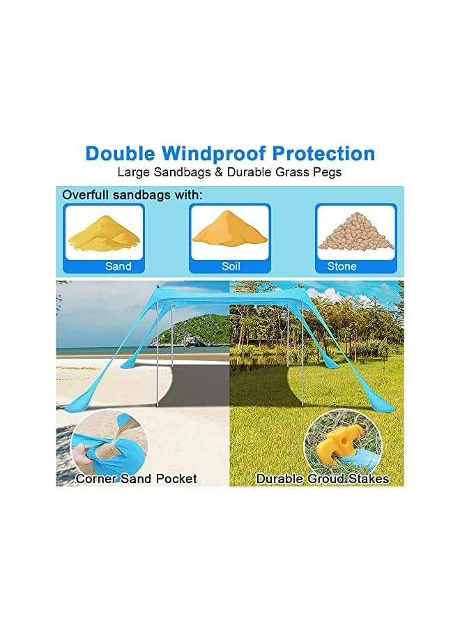 promass Beach Tent Sunshade with Sand Anchor Sun Shelter Canopy Portable Anti-Wind UPF 50+ Tent with 4 Foldable Aluminum Poles for 6-8 Person Outdoor Camping Fishing Backyard Picnic (10x10 FT, Blue)