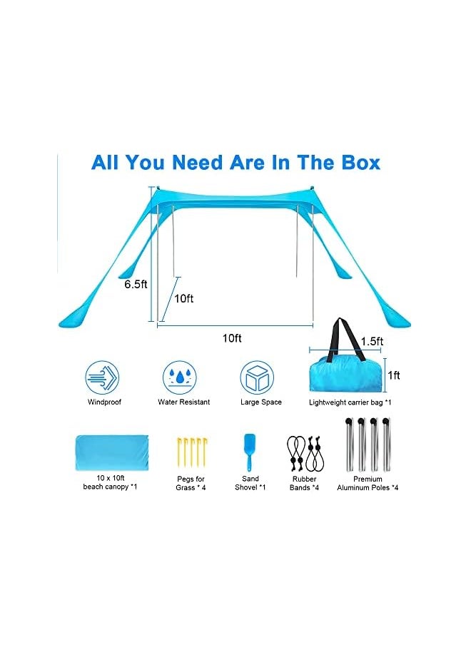 promass Beach Tent Sunshade with Sand Anchor Sun Shelter Canopy Portable Anti-Wind UPF 50+ Tent with 4 Foldable Aluminum Poles for 6-8 Person Outdoor Camping Fishing Backyard Picnic (10x10 FT, Blue)