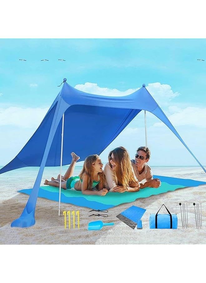 EROREX Beach Tent Canopy Pop Up, UPF50 Lycra Sun Shade with Beach Blanket, Outdoor Anti-Wind Sun Shelter with Stability Poles, 3-5 Person 7x7 ft Portable Sunshade for Beach Camping Fishing Backyard