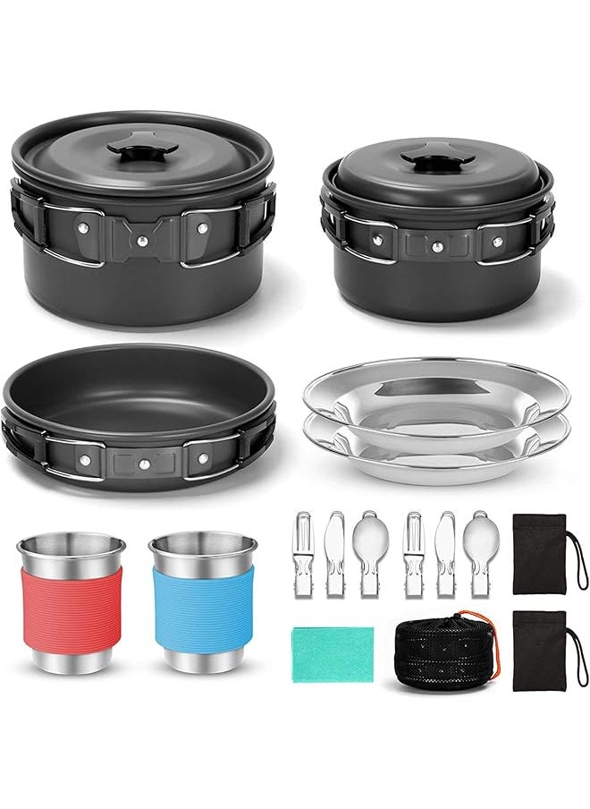 promass 15 Piece Camping Cookware Mess Kit, Nonstick Lightweight Pot Set with Stainless Steel Cup, Plate, Fork, Knife and Spoon for Camping, Backpacking, Outdoor Cooking and Picnics (Black)