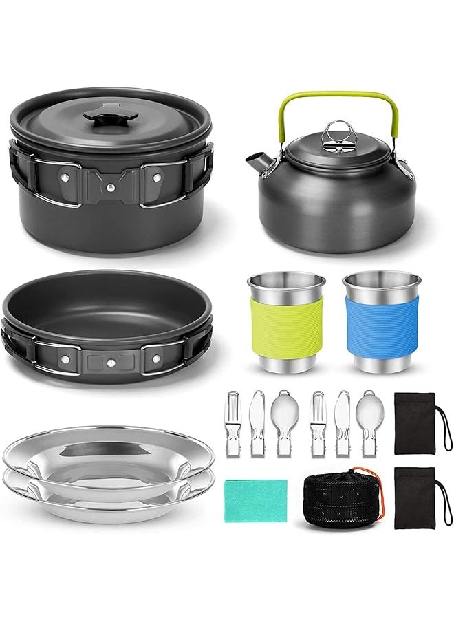 promass 15pcs Camping Cookware Mess Kit - Non-Stick Pot and Pan Kettle Set with Stainless Steel Cups Plates Forks Knives Spoons, Camping Cooking Set for Camping, Outdoor Cooking and Picnic