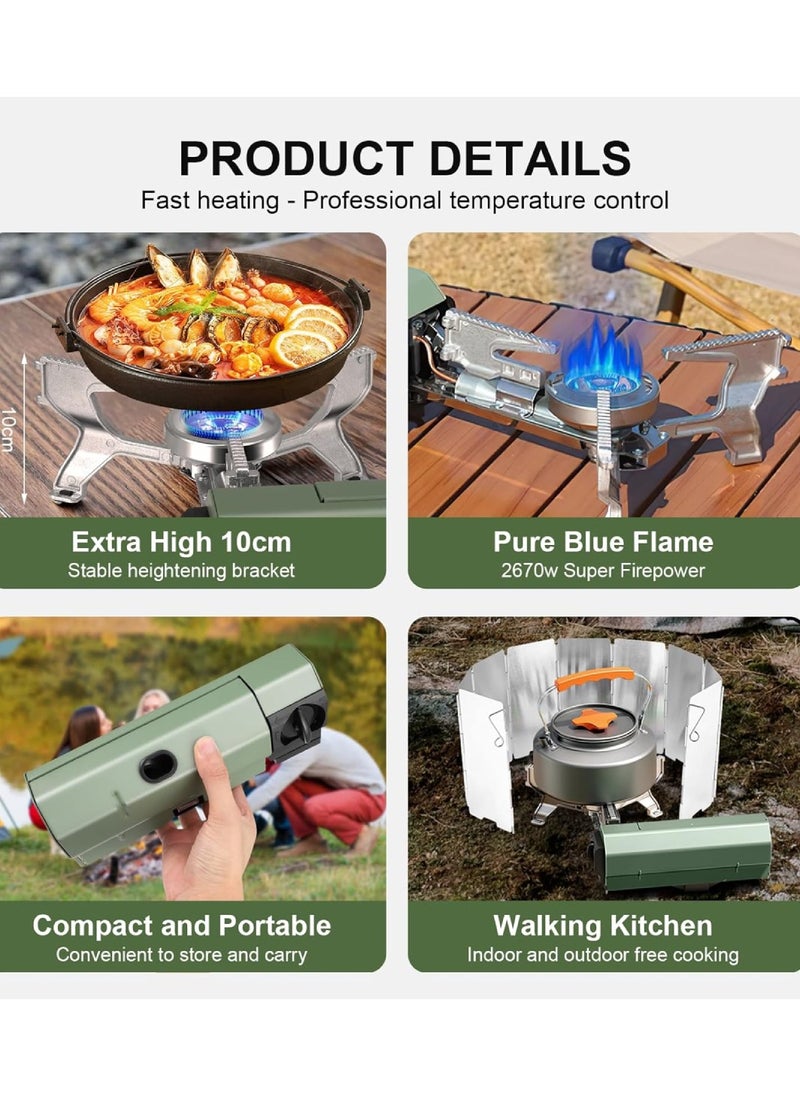 Foldable Stove Camping Butane Stove 2600W 3-5 Minutes To Boil Portable Camping Stove Outdoor Gas Stove With Storage Bag Suitable For Picnic, Backpacking Hiking, Adventure & Home 27.5X8X10.5CM Green