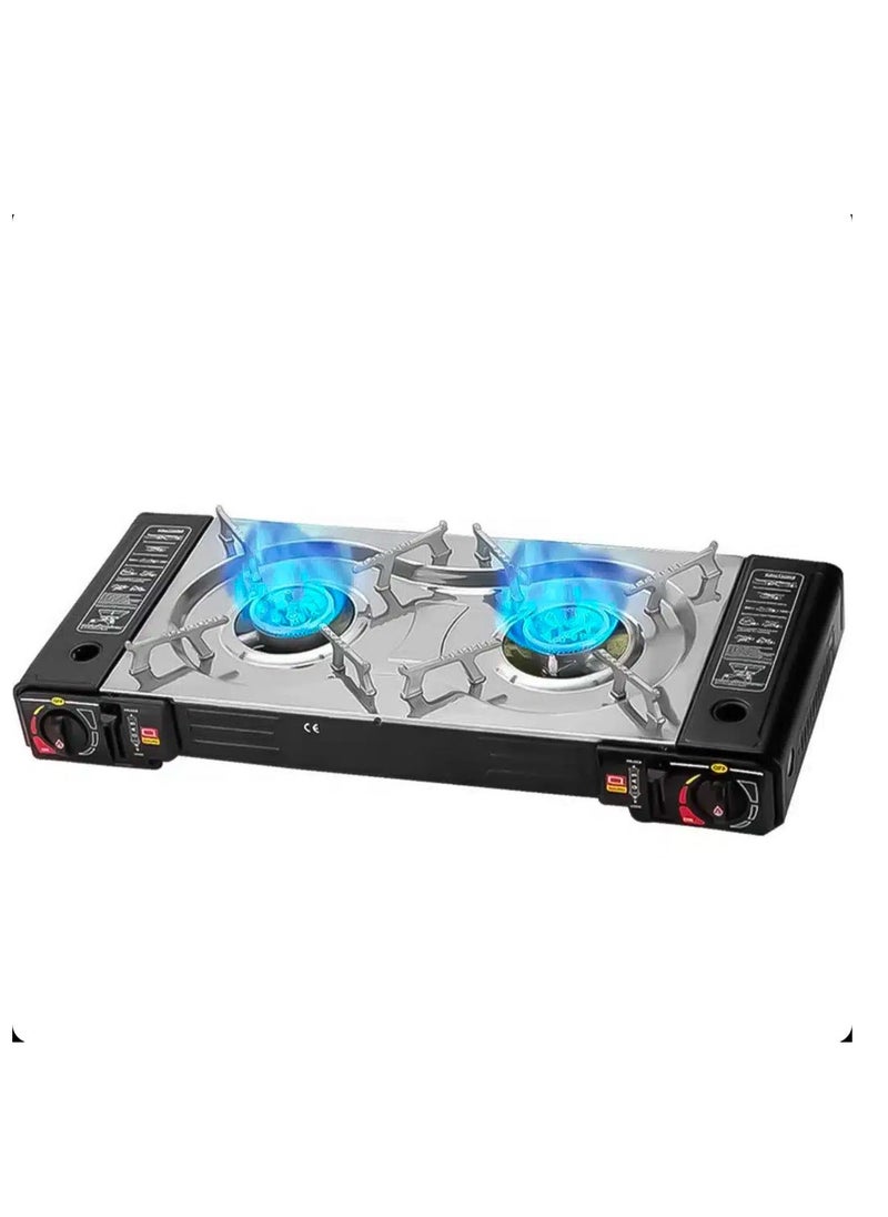 Portable Camping Gas Stove, Double Burner, BBQ Cooker, Outdoor Grill Plate – Automatic Ignition, Enamel Pan Support, Double Butane Cartridges – Outdoor Camping BBQ Living