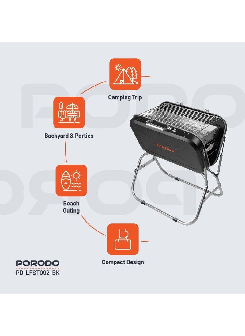 Camping BBQ Grill with 17inch Wide Grilling Area / Portable and Foldable / Steel Cooking Mesh / Compact Design / Easy to Clean / Quick Setup / Suitable for Beach Outing, Backyard & Parties / LFS092 - Black