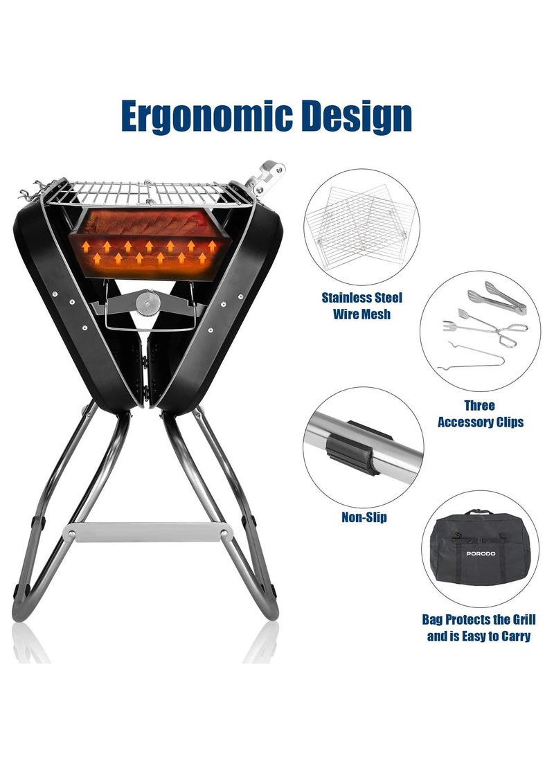 Camping BBQ Grill with 17inch Wide Grilling Area / Portable and Foldable / Steel Cooking Mesh / Compact Design / Easy to Clean / Quick Setup / Suitable for Beach Outing, Backyard & Parties / LFS092 - Black