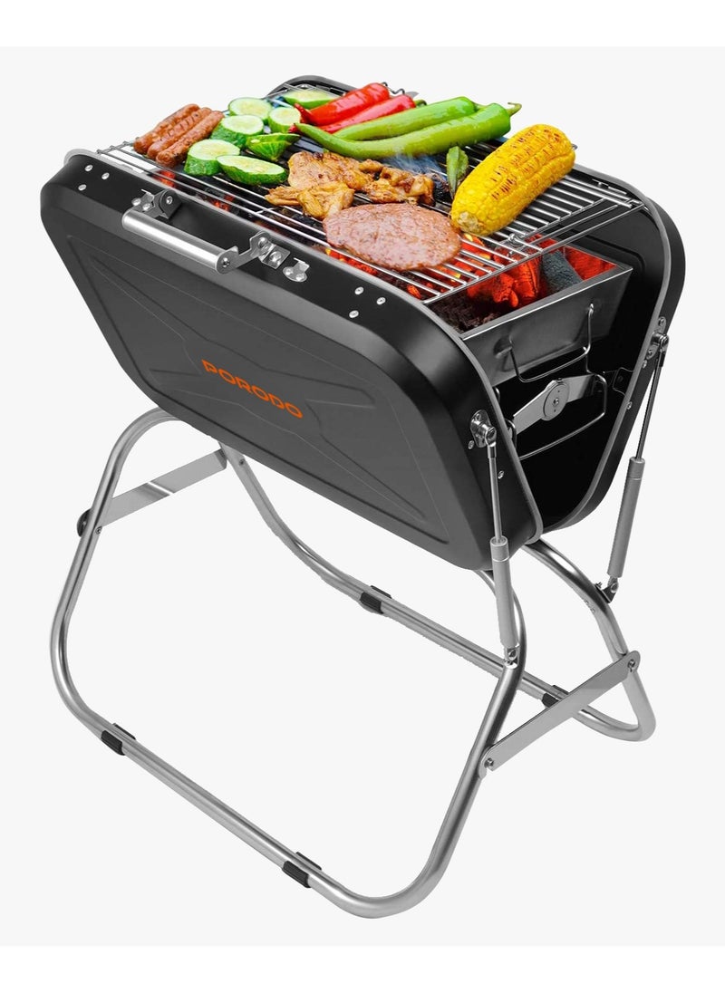 Camping BBQ Grill with 17inch Wide Grilling Area / Portable and Foldable / Steel Cooking Mesh / Compact Design / Easy to Clean / Quick Setup / Suitable for Beach Outing, Backyard & Parties / LFS092 - Black