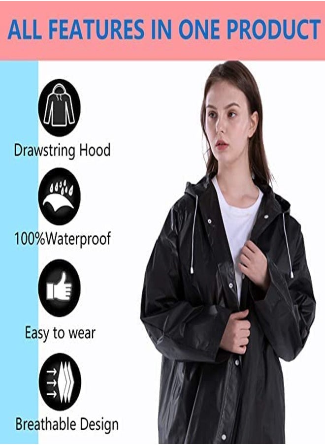 Rain Coats for Adults Reusable, 1Pcs Thickened Transparent Light Raincoat with Hood and Elastic Cuff Sleeves, EVA Rain Ponchos Rain Jackets Raincoats for Men Women, for Family Fishing Travel (Black)