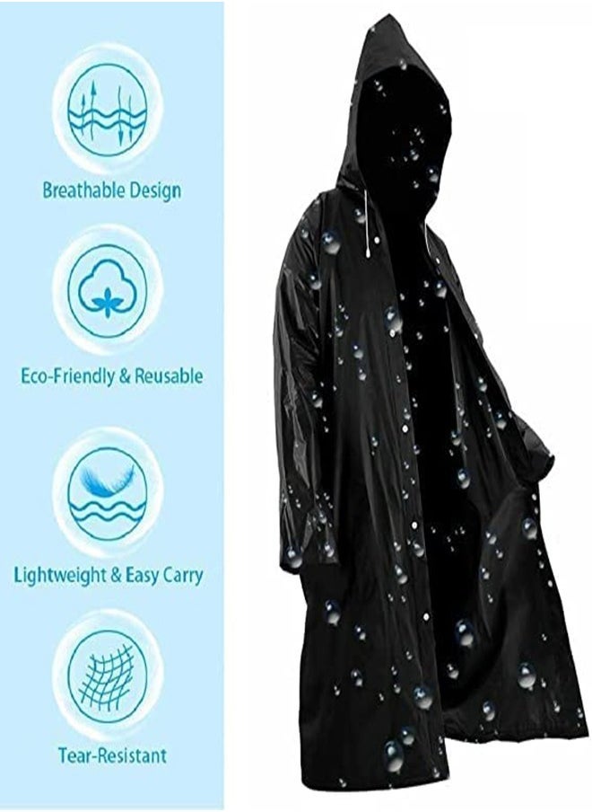 Rain Coats for Adults Reusable, 1Pcs Thickened Transparent Light Raincoat with Hood and Elastic Cuff Sleeves, EVA Rain Ponchos Rain Jackets Raincoats for Men Women, for Family Fishing Travel (Black)