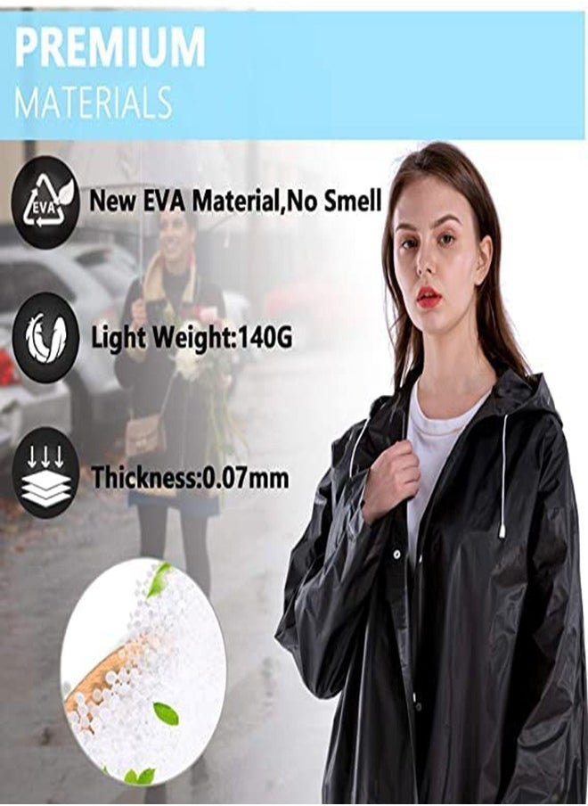 Rain Coats for Adults Reusable, 1Pcs Thickened Transparent Light Raincoat with Hood and Elastic Cuff Sleeves, EVA Rain Ponchos Rain Jackets Raincoats for Men Women, for Family Fishing Travel (Black)