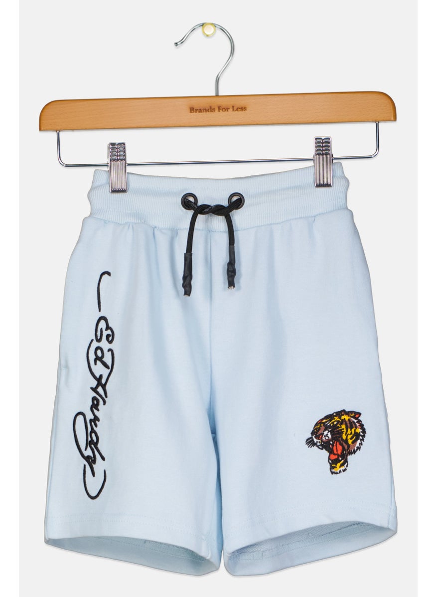 Kids Boy Embroidered Logo Basic Shorts, Light Blue