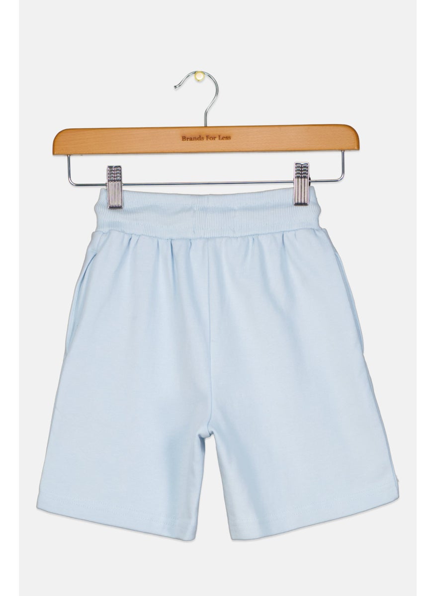 Kids Boy Embroidered Logo Basic Shorts, Light Blue