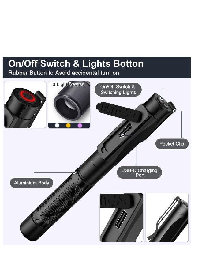 Pen Torch Medical, Rechargeable USB Diagnostic Pen Light, 3-Colour Light, Portable LED Penlight with Pocket Clip for Nurses Student Doctors