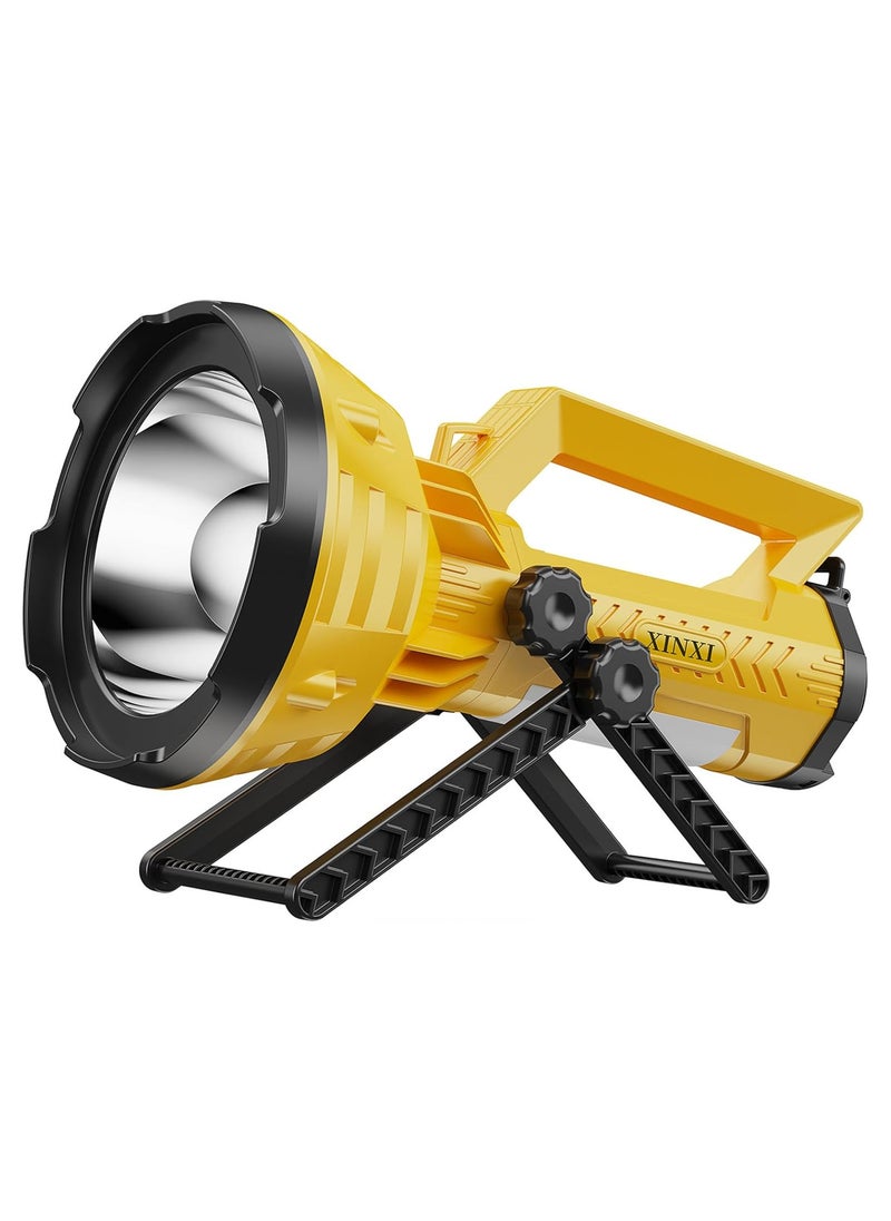 550 Yards Rechargeable Spotlight Flashlight, 10000 High Lumens Work spot Ligh&Side Flood Light，IP66 Waterproof Large Handheld Spotlight with Adjustable Stand&Red Lens(Yellow)