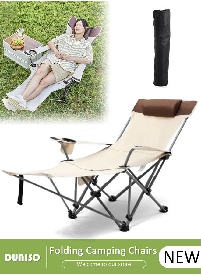 Folding Camping Chair with Removable Footrest and Adjustable Backrest for Adults, Portable and Lightweight Reclining Lounge Chairs with Pillow, Outdoor Camping Chair with Cup Holder and Side Pocket for Fishing, Picnic, BBQ, Hiking Travel, Beach
