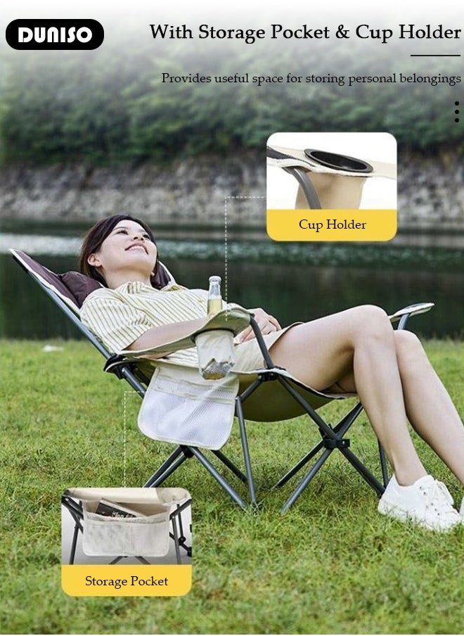 Folding Camping Chair with Removable Footrest and Adjustable Backrest for Adults, Portable and Lightweight Reclining Lounge Chairs with Pillow, Outdoor Camping Chair with Cup Holder and Side Pocket for Fishing, Picnic, BBQ, Hiking Travel, Beach